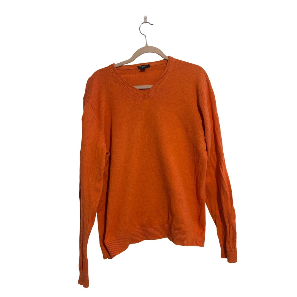 J Crew Mens Orange V Neck Long Sleeve Sweater Size Large Cotton Cashmere Blend
